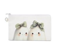 Sac portefeuille en toile, deux fantômes mignons avec nœuds verts imprimés, porte-monnaie, porte-monnaie à fermeture éclair, petite trousse de maquillage