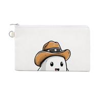 Sac portefeuille en toile, fantôme de dessin animé portant un chapeau de cowboy imprimé, porte-monnaie à fermeture éclair, petit sac à cosmétiques