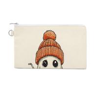 Sac portefeuille en toile, fantôme mignon portant un bonnet en tricot orange, porte-monnaie, porte-monnaie à fermeture éclair, petit sac à cosmétiques