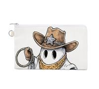 Sac portefeuille en toile, fantôme mignon portant un chapeau de cowboy marron imprimé, porte-monnaie à fermeture éclair, petit sac à cosmétiques