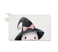 Sac portefeuille en toile, fantôme mignon portant un chapeau de sorcière noir, porte-monnaie, porte-monnaie à fermeture éclair, petit sac à cosmétiques