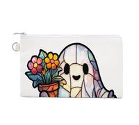 Sac portefeuille en toile, fantôme mignon tenant un pot de fleurs coloré, porte-monnaie, porte-monnaie à fermeture éclair, petit sac à cosmétiques