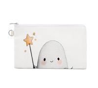 Sac portefeuille en toile, fantôme mignon tenant une citrouille, baguette magique, porte-monnaie, porte-monnaie à fermeture éclair, petite trousse de maquillage