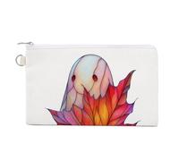 Sac portefeuille en toile, fantôme mignon tenant une feuille d'érable rouge, porte-monnaie à fermeture éclair, petit sac à cosmétiques