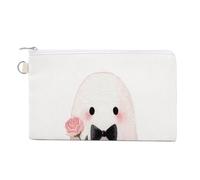 Sac portefeuille en toile, fantôme mignon tenant une rose imprimé porte-monnaie, porte-monnaie à fermeture éclair, petit sac à cosmétiques