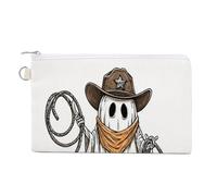 Sac portefeuille en toile, fantôme portant un chapeau de cowboy marron, porte-monnaie, porte-monnaie à fermeture éclair, petit sac à cosmétiques