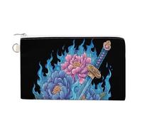 Sac portefeuille en toile, flammes bleues Katana pivoine imprimé porte-monnaie, porte-monnaie à fermeture éclair, petite trousse de maquillage