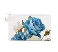 Sac portefeuille en toile, fleur aquarelle, tulipes bleues et pivoines blanches, porte-monnaie à fermeture éclair, petite trousse de maquillage
