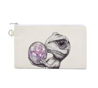 Sac portefeuille en toile, joli dinosaure tenant une boule disco imprimée, porte-monnaie, porte-monnaie à fermeture éclair, petit sac à cosmétiques