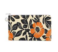 Sac portefeuille en toile, joli porte-monnaie imprimé fleur orange linogravure, porte-monnaie à fermeture éclair, petite trousse de maquillage