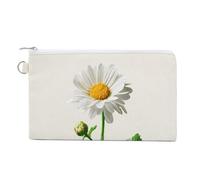 Sac portefeuille en toile, marguerite blanche avec tiges et feuilles, imprimé aquarelle, porte-monnaie, porte-monnaie à fermeture éclair, petite trousse de maquillage