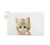 Sac portefeuille en toile, motif chat vintage portant un nœud imprimé, porte-monnaie à fermeture éclair, petit sac à cosmétiques