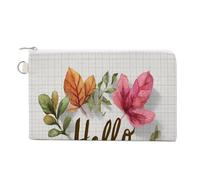 Sac portefeuille en toile, motif feuilles d'automne aquarelle, mot bonjour sur carreaux blancs, porte-monnaie à fermeture éclair, petite trousse de maquillage