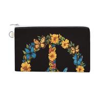 Sac portefeuille en toile, motif signe de paix rétro, papillons, fleurs, porte-monnaie, sac à main à fermeture éclair, petite trousse de maquillage