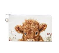Sac portefeuille en toile, motif vache Highland sur clôture, fleurs de ferme, porte-monnaie, porte-monnaie à fermeture éclair, petit sac à cosmétiques