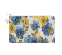 Sac portefeuille en toile, pensées aquarelles en bleu doux et jaune, porte-monnaie à fermeture éclair, petite trousse de maquillage