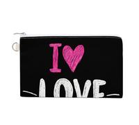 Sac portefeuille en toile, rose cœur I Love Cats imprimé, porte-monnaie à fermeture éclair, petit sac à cosmétiques