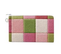Sac portefeuille en toile, rose et vert pastel, motif carrés imprimés, porte-monnaie, porte-monnaie à fermeture éclair, petite trousse de maquillage