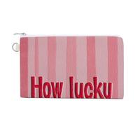 Sac portefeuille en toile, rose rayé avec How Lucky are We Imprimer, porte-monnaie à fermeture éclair, petit sac à cosmétiques