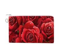 Sac portefeuille en toile, roses rouges avec gouttes de rosée imprimées, porte-monnaie à fermeture éclair, petit sac à cosmétiques