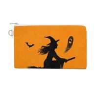 Sac portefeuille en toile, silhouette de sorcière sur un balai, imprimé fantôme, porte-monnaie, porte-monnaie à fermeture éclair, petite trousse de maquillage