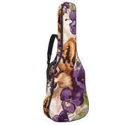 Sac pour guitare acoustique Corgi et fleurs violettes avec 2 poches, bandoulière réglable et crochet arrière, convient pour guitares électriques, basses et guitares classiques, Corgi et fleurs