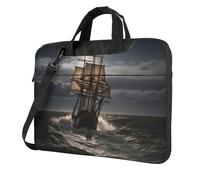 Sac pour ordinateur portable avec bandoulière Motif bateau à voile en tempête, Noir/blanc, 14 inch