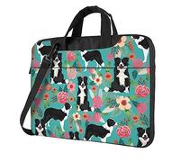 Sac pour ordinateur portable avec imprimé floral Border Collie Grande capacité Sac à bandoulière Sacoche pour ordinateur portable, Noir/blanc, 14 inch