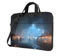 Sac pour ordinateur portable avec motif unique de marché nocturne brumeux et facile à transporter pour les voyages d'affaires, le travail et les études, Noir/blanc, 15.6 inch
