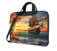 Sac pour ordinateur portable imprimé bateau pirate au coucher du soleil grande capacité sacs d'ordinateur bandoulière sacoche pour ordinateur portable, Noir/blanc, 15.6 inch