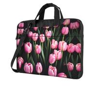 Sac pour ordinateur portable imprimé tulipes roses et bretelles rembourrées, simplifie votre quotidien, idéal pour les voyages d'affaires, noir, 14 inch