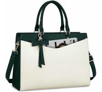 Sac pour ordinateur portable pour femme de 15,6 pouces, sac fourre-tout en polyuréthane pour affaires, bureau, travail, mallette imperméable, sac à main léger, Vert foncé et beige