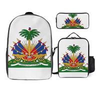 Sac Scolaire Enfant Ensemble Trois Pièces République D'Haïti Emblème National Sac À Dos Ordinateur Portable Sac Déjeuner Trousse Cadeau Pour Garçons Ados Léger Et Imperméable