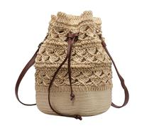 Sac seau en paille pour femme - Sac de plage tissé avec cordon de serrage - Sac à main pour les vacances, blanc, Taille unique