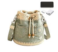 Sac seau en toile de jean Rétro Boho Bordure Crochet Broderie Marguerite