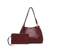 Sac seau tissé à la main pour femme | Sac de banlieue et sac à bandoulière | Matériau PU de taille moyenne avec coutures tissées, rouge vin, Small