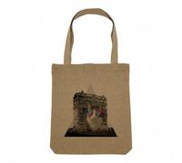 Sac Shopping Tote Bag Aspect Lin - Chat De Triomphe Collage Vintage Illustration Art Paris Arc de Triomphe Parodie Animal Retro - Sac Courses Toile Epaisse 360g Beige Naturel Cabas Porté Epaule