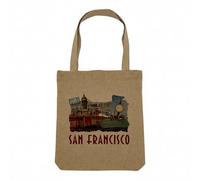 Sac Shopping Tote Bag Aspect Lin - Collection Villes du Monde Style Collage Carte Postale Vintage Voyage Tourisme Retro - Sac de Courses Toile Epaisse 360g Beige Naturel Cabas Porté Epaule Solide