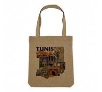 Sac Shopping Tote Bag Aspect Lin - Collection Villes du Monde Style Collage Carte Postale Vintage Voyage Tourisme Retro - Sac de Courses Toile Epaisse 360g Beige Naturel Cabas Porté Epaule Solide