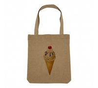 Sac Shopping Tote Bag Aspect Lin - Cornet de Crème Glacée Glace Miam Cerise Chantilly Nappage Chocolat - Sac de Courses Toile Epaisse 360g Beige Naturel Cabas Porté Epaule Solide Imprimé en France