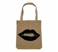 Sac Shopping Tote Bag Aspect Lin - Dessin de Lèvres en Noir et Blanc Impression au Rouge à Lèvre Trace de Bisou - Sac Courses Toile Epaisse 360g Beige Naturel Cabas Porté Epaule Solide Imprimé en