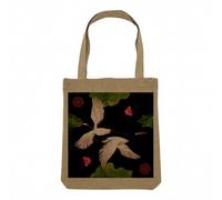 Sac Shopping Tote Bag Aspect Lin - Grue en Vol Bleu Sombre Style Japonais Motif Estampe Design Traditional - Sac de Courses Toile Epaisse 360g Beige Naturel Cabas Porté Epaule Solide Imprimé en France