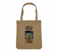 Sac Shopping Tote Bag Aspect Lin - I Want to Believe Chat Pizza Extraterreste Collage Vintage Illustration Art Humour Parodie Animal - Sac de Courses Toile Epaisse 360g Beige Naturel Cabas Porté