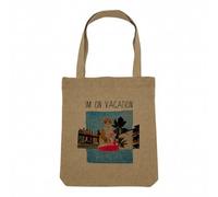 Sac Shopping Tote Bag Aspect Lin - I'm On Vacation Chat Collage Vintage Illustration Art Humour Parodie Animal - Sac de Courses Toile Epaisse 360g Beige Naturel Cabas Porté Epaule Solide Imprimé en