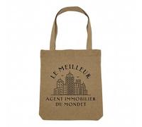 Sac Shopping Tote Bag Aspect Lin - Le Meilleur Agent Immobilier du Monde Commercial Immobilier Vente Maison Appartement - Sac de Courses Toile Epaisse 360g Beige Naturel Cabas Porté Epaule Solide
