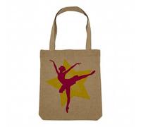 Sac Shopping Tote Bag Aspect Lin - Silhouette Rose de Danseuse Étoile Faisant une Arabesque sur Étoile Jaune - Sac de Courses Toile Epaisse 360g Beige Naturel Cabas Porté Epaule Solide Imprimé en