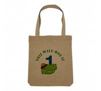 Sac Shopping Tote Bag Aspect Lin - This Wild One is 1 Celebration Birthday Party Gift Safari Animals - Sac de Courses Toile Epaisse 360g Beige Naturel Cabas Porté Epaule Solide Imprimé en France