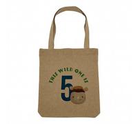 Sac Shopping Tote Bag Aspect Lin - This Wild One is 5 Celebration Birthday Party Gift Safari Animals - Sac de Courses Toile Epaisse 360g Beige Naturel Cabas Porté Epaule Solide Imprimé en France