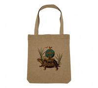 Sac Shopping Tote Bag Aspect Lin - Vaisseau Tortue Collage Art Surréalisme Jules Verne Fantastique - Sac de Courses Toile Epaisse 360g Beige Naturel Cabas Porté Epaule Solide Imprimé en France