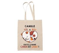 Sac Tote-bag Camille Amour Chien et Chat | Cabas Cadeau Couple Saint Valentin Mariage Fiançailles Anniversaire Cadeau Fourre Tout